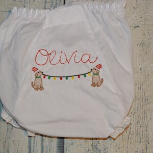 Monogram  Christmas Dog with Lights Bloomers, Monogrammed Baby Bloomers, Baby Girl Diaper Cover, Vintage Stitch Bloomers