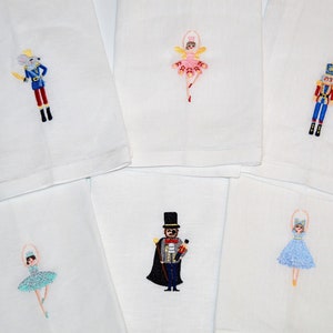 Nutcracker Ballet Christmas Embroidered Linen Cloth Dinner Napkins set of 6