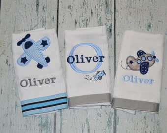 Custom Burpcloth Set of 3 Burpies MONOGRAM Personalized Airplane  Set Baby Boy Burpies