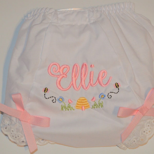 Personalized Bee Hive Baby Bloomers, Baby Bee Monogrammed Bloomers, Bumble Bee Girls Diaper Cover