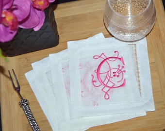 Monogrammed Linen Cocktail Napkins, Monogram Elegant Initial Cocktail Napkins,  Personalized Coasters, Hemstitched Napkins