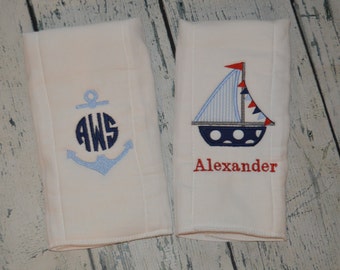 Personalized Sailboat Anchor Burp Cloth Set of 2 Burpies MONOGRAM