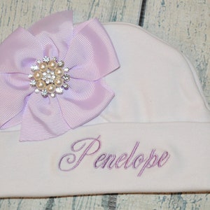 Personalized Newborn Girl Hat with Bow and Rhinestone Center - Monogrammed Baby  Cap
