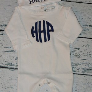 Personalized Baby Sleeper Romper and Cap set, Monogrammed Newborn Baby Boy Coming Home Outfit image 2