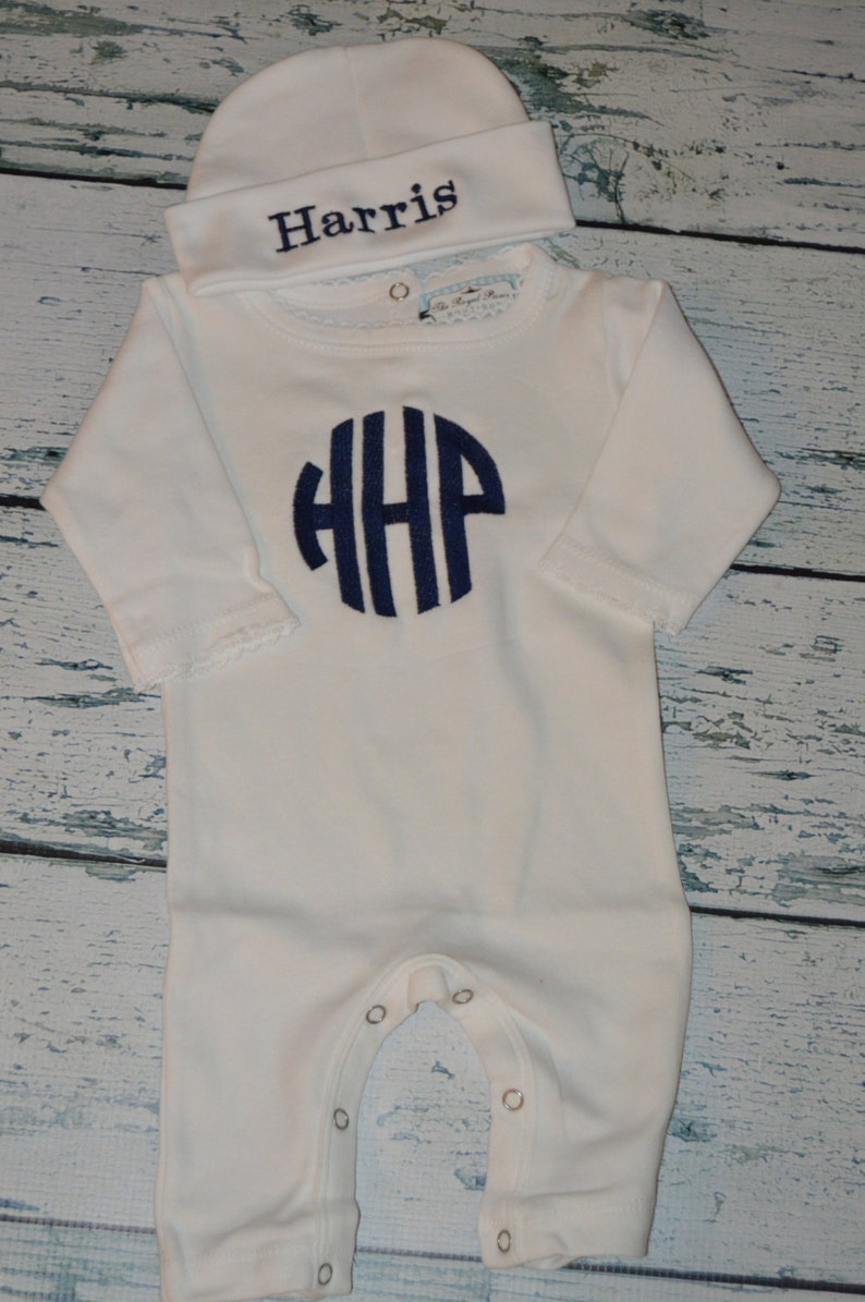 Personalized Baby Sleeper Romper and Cap set, Monogrammed Newborn Baby Boy Coming Home Outfit image 2
