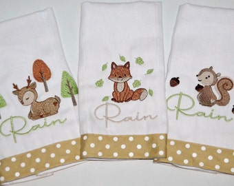 Personalized Forest Animal Burp cloth Set of 3