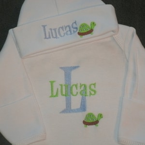 Personalized Baby Gown and Cap set Monogrammed Coming Home Outfit Turtle