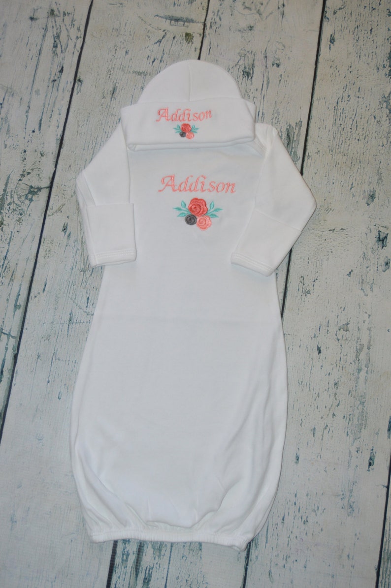 PERSONALIZED Newborn Girl Flower Gown and Hat set Monogrammed Coming Home OUtfit