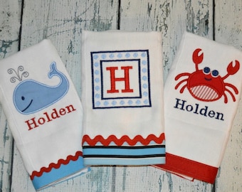 Baby Burpcloth Set of 3 Burpies MONOGRAM Personalized Whale, Crab, and initial