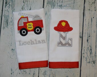 Personalized Firetruck Monogram Burpcloth Set of 2 Fireman Baby Burp Cloths