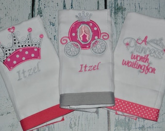 Personalized Princess Burp cloth Set of 3  Burpies  Monogrammed