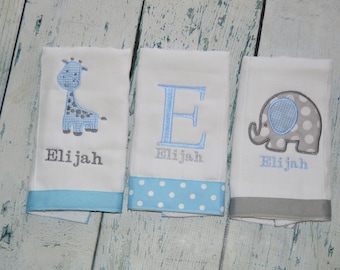 Personalized Boys Burp cloth Set of 3  Burpies  Monogrammed - Elephant, Giraffe, Name