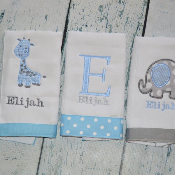 Personalized Boys Burp cloth Set of 3  Burpies  Monogrammed - Elephant, Giraffe, Name