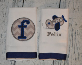 Personalized Airplane Burp cloth Set of 2  Burpies  Monogrammed