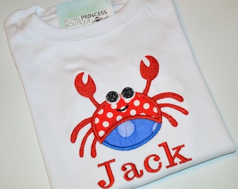 Personalized Crab Boys Shirt, Boys applique shirt with Name, Monogrammed Beach Shirt Summer Vacation