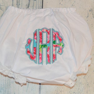 Baby Girl Monogrammed Bloomers, Flower Circle Applique Bloomer, Girls Diaper Cover