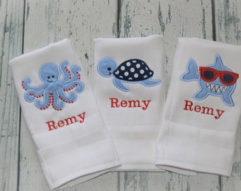 Sea Life Personalized Burp Cloth set of 3 -  Shark Boys Burp Cloth, Turtle Monogrammed Boys Burp Cloth,  Octopus Boys Burp Cloth,