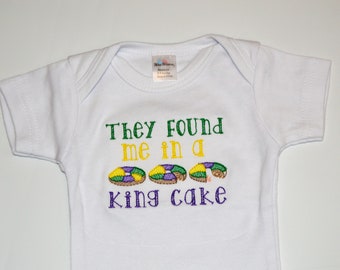 Mardi Gras Baby One Piece Bodysuit, They Found me in a King Cake embroidered baby outfit