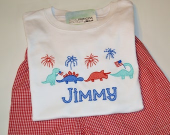 Personalized 4th of July Dinosaur Boys Outfit  Shirt and Short Set OR Shirt Only, Patriotic 4th Of July Kids Monogrammed Shirt