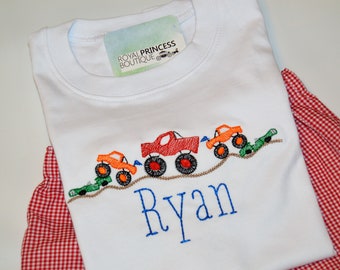 Personalized Boys Monster Truck Shirt, Create your Outfit - Shirt and Pant/Short Set OR Shirt Only - Embroidered Christmas Monogrammed Shirt