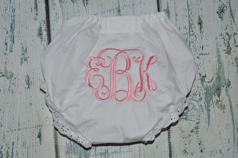 Baby Bloomers Monogrammed Baby Girl Bloomer, QUICK SHIP, Diaper Cover with Monogram, Newborn Bloomers, Personalized Baby Bloomers image 1