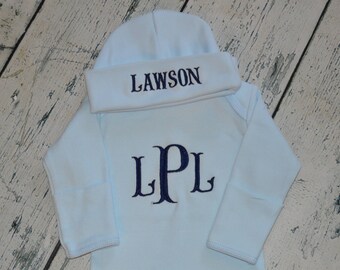 Monogrammed Baby Blue Gown and cap, Newborn Take Home Outfit, Boys Coming home Outfit