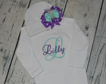 Newborn Girl Outfit, Personalized Baby Gown and Cap with Bow Monogrammed