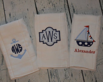 Custom Burpcloth Set of 3 Burpies MONOGRAM Personalized Sailboat, Anchor, Monogram