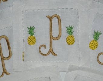 Monogrammed Linen Cocktail Napkins, Monogram Pineapple Cocktail Napkins, embroidered Coasters, Hemstitched Napkins, Personaized Linen