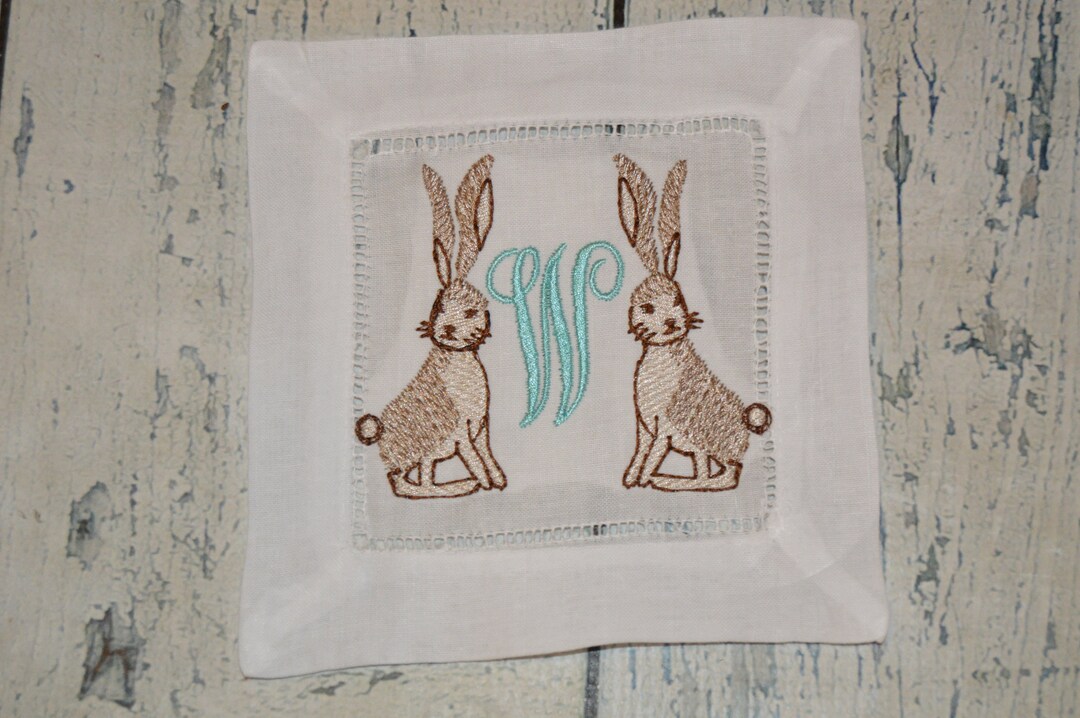 Personalized Easter Rabbit Linen Cocktail Napkins, Monogram Easter