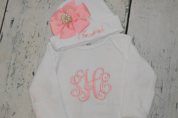 PERSONALIZED Baby Girl Gown and Hat with Hot Pink Bow /& Rhinestone Monogram
