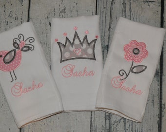 Personalized Girls Burp cloth Set of 3 Monogrammed Bird Crown and Flower Set