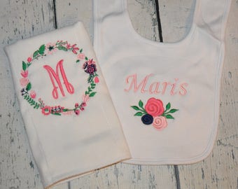 Personalized Baby Girl Embroidered Flower Bib and Burp cloth Set, Monogrammed Baby Girls burp rag and bib gift set