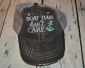 Boat Hair don't Care Distressed Trucker Hat, Womens Hat, Beach Hat, Embroidered Hat
