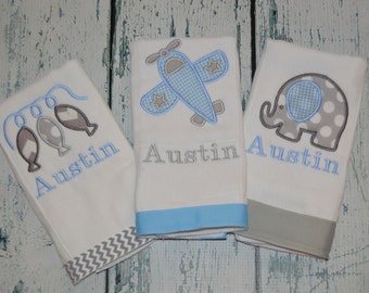 Personalized Boys Burp cloth Set of 3  Burpies  Monogrammed - Elephant, Airplane, and Fish burpcloths