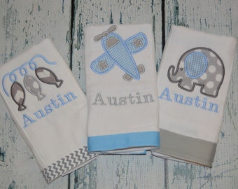 Personalized Boys Burp cloth Set of 3  Burpies - Elephant, Airplane, and Fish burpies