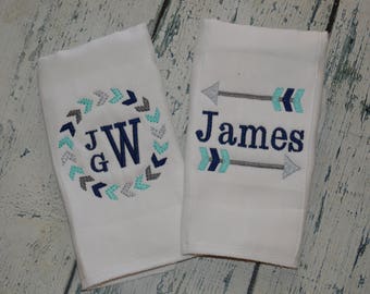 Personalized  Tribal Arrow Burp cloth Set of 2 Monogrammed Boys or Girls Burpee Set