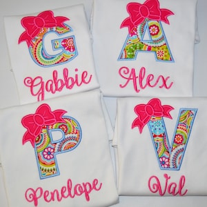Personalized Girls Shirt, Monogrammed Initial with Bow, Girls applique Shirt, Monogram Girls Shirt