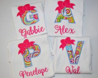 Personalized Girls Shirt, Monogrammed Initial with Bow, Girls applique Shirt, Monogram Girls Shirt