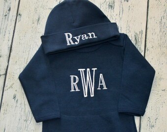 Personalized Navy Infant Gown and Hat set Monogrammed Coming Home Layette