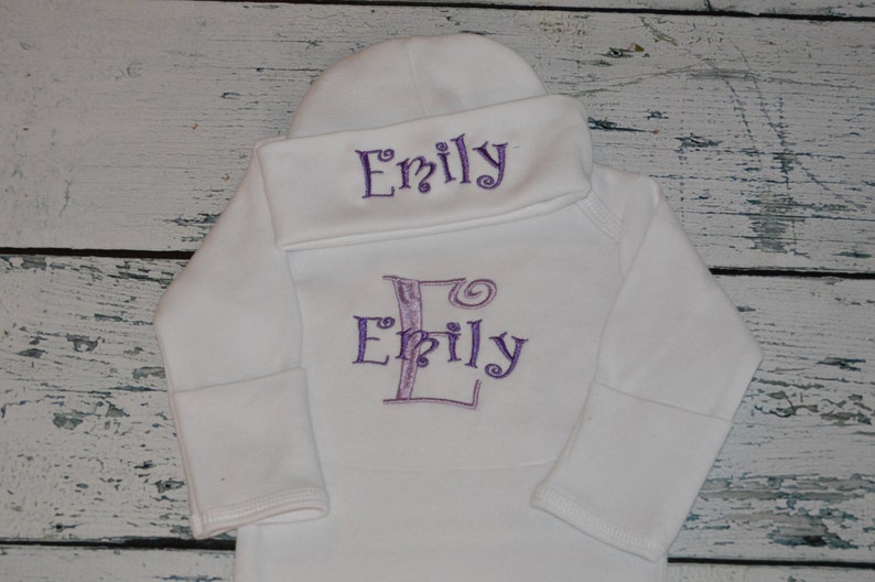 Newborn Girl or Boy you choose colors Personalized Baby Gown and Cap SET Monogrammed Coming Home Outfit