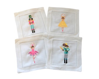 Pastel Nutcracker Ballet Linen Cocktail Napkins set of 4 Hemstitched Napkins