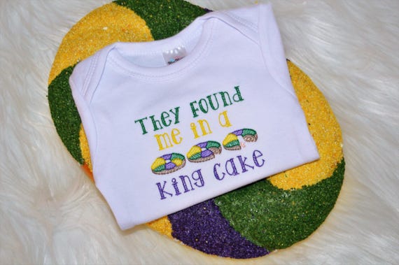 Mardi Gras Baby One Piece Bodysuit, They Found me in a King Cake embroidered baby outfit