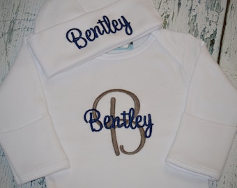 PERSONALIZED Baby Boy Coming Home Outfit,  Infant Gown and Cap set Monogrammed, Personalize Newborn Outfit
