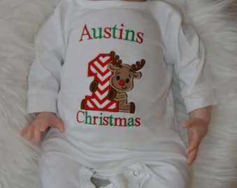 Personalized Baby Boys First Christmas, Boys Reindeer Sleeper Romper Christmas Sleeper Romper outfit