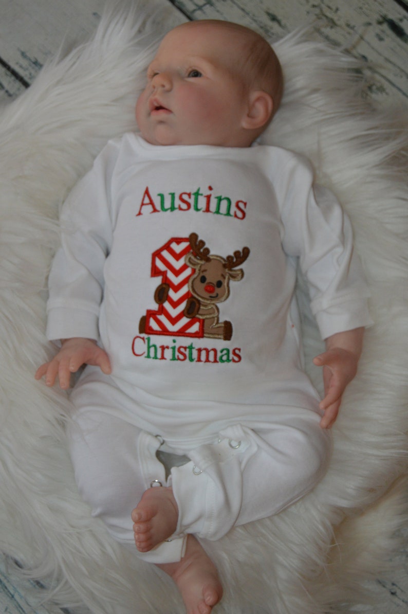 Personalized Baby Boys First Christmas, Boys Reindeer Sleeper Romper Christmas Sleeper Romper outfit image 1