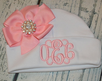 Monogrammed Newborn Hat with Bow, Baby Girl Embroidered Beanie Cap