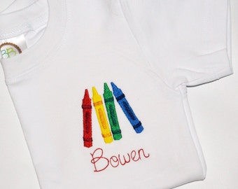 Personalized Crayons on Chest Shirt, Monogrammed Boys Back to School Tee Name Embroidered on Chest