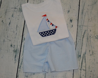 Seersucker Sailboat Outfit  Shirt and Short Set PERSONALIZED