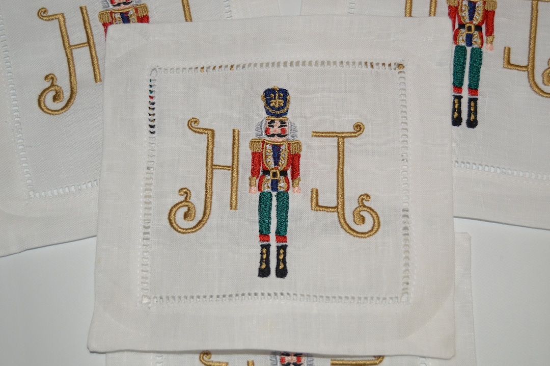 Monogrammed Nutcracker Linen Cocktail Napkins, Christmas Coasters
